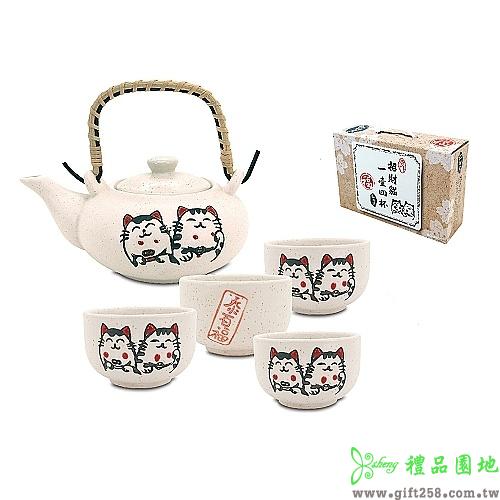 松村窯招財貓1壺4杯